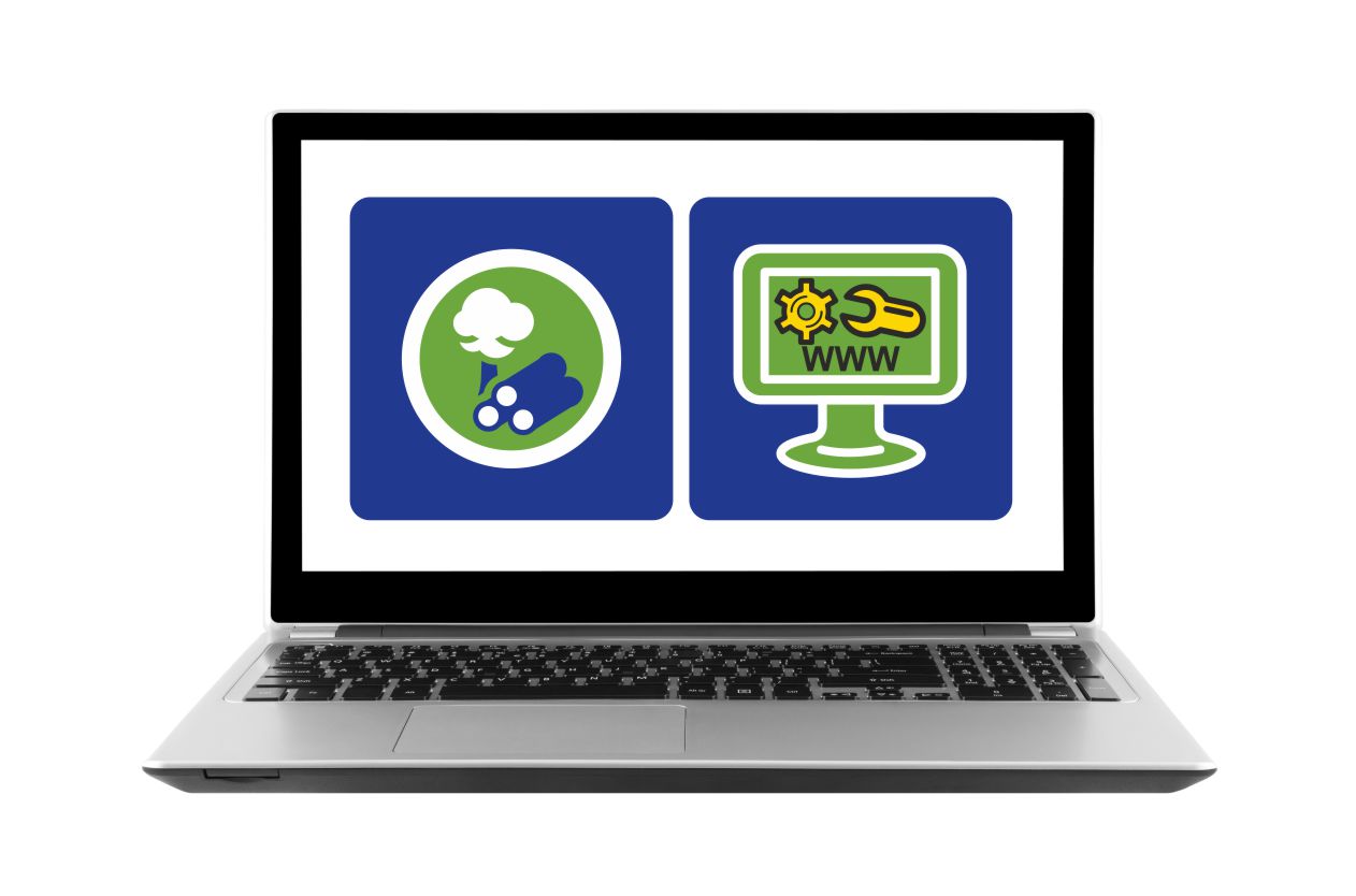 Auf dem Display eines Laptops sind zwei Grafiken abgebildet. Auf der einen Grafik sind im Vordergrund drei liegende, gefällte Bäume und im Hintergrund ein stehender Baum zu erkennen. Die andere Grafik zeigt eine Schraube mit einem Schraubenschlüssel, daru